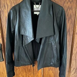 BB Dakota Black 100% Leather Open Front Moto Jacket EUC